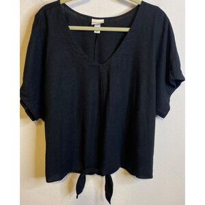 AVA VIV Black Vneck Dolman Sleeve Linen Rayon Blend Tie Front Blouse Top 1x